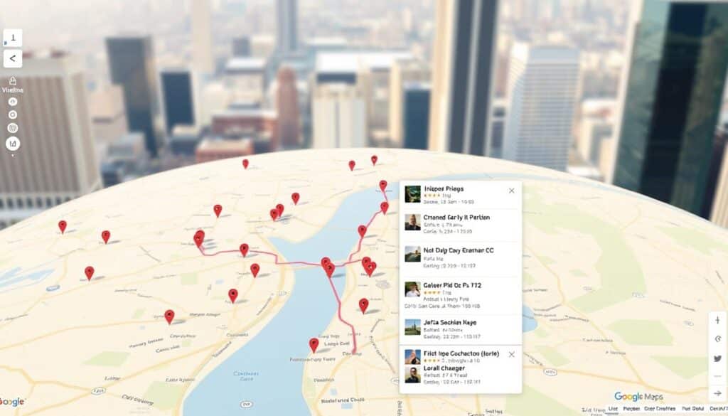 Eine detaillierte Kartenansicht der Google Maps-Zeitleiste eines Nutzers zeigt eine Zeitleiste der besuchten Orte. Im Vordergrund befindet sich eine elegante, hochauflösende Kartenoberfläche mit Ortsmarkierungen und Weglinien, die den Reiseverlauf des Nutzers nachzeichnen. Im Mittelgrund wird eine Seitenleiste mit einer scrollbaren Liste der besuchten Orte angezeigt. Jeder Eintrag wird mit Datum, Uhrzeit und einem Miniaturbild versehen. Der Hintergrund zeigt eine weiche, unscharfe Stadtlandschaft, die den größeren Kontext der Bewegungen des Nutzers andeutet. Die Beleuchtung ist natürlich und gleichmäßig, mit einer warmen, einladenden Farbpalette. Der Kamerawinkel ist leicht erhöht und bietet einen Überblick über die Zeitleistenoberfläche und das umfassende Reiseprotokoll des Nutzers.