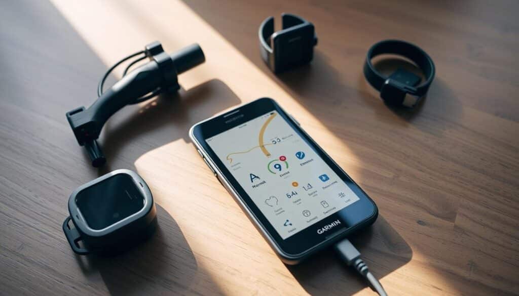 A meticulously crafted smartphone setup on a wooden table, bathed in soft, diffused natural light. The device's sleek, minimalist design takes center stage, its screen displaying various navigation and cycling-related apps. Surrounding it, a collection of essential accessories - a charging cable, a handlebar mount, and a heartrate monitor - are neatly arranged, creating a cohesive, organized workspace. The overall mood is one of efficiency and practicality, reflecting the article's focus on the Garmin Edge 1030 Plus's features and real-world performance.