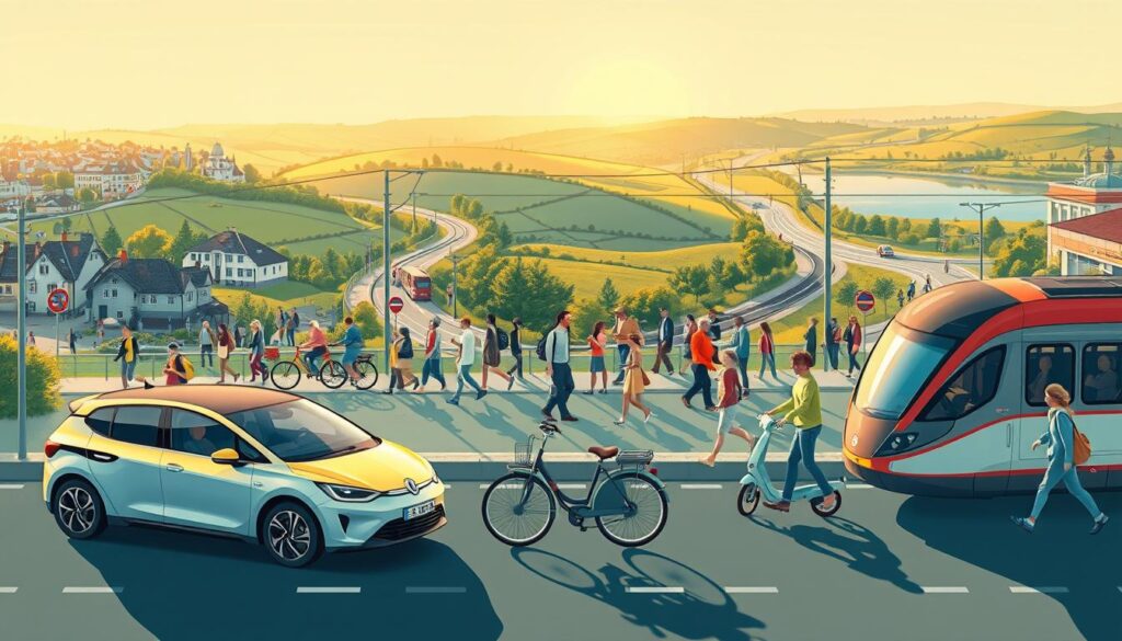 A vibrant illustration showcasing a diverse array of &quot;verkehrsmittel&quot; (German for transportation modes). In the foreground, a bustling city scene with various vehicles: a sleek electric car, a vintage bicycle, a compact scooter, and a modern train. In the middle ground, people of all ages and backgrounds navigate the urban landscape, some walking, others using public transportation. The background features a rolling countryside, with winding roads, picturesque hills, and a serene lake. The scene is bathed in a warm, golden light, conveying a sense of energy and connectivity. The overall composition highlights the versatility and accessibility of transportation options, reflecting the diverse needs and preferences of European travelers.