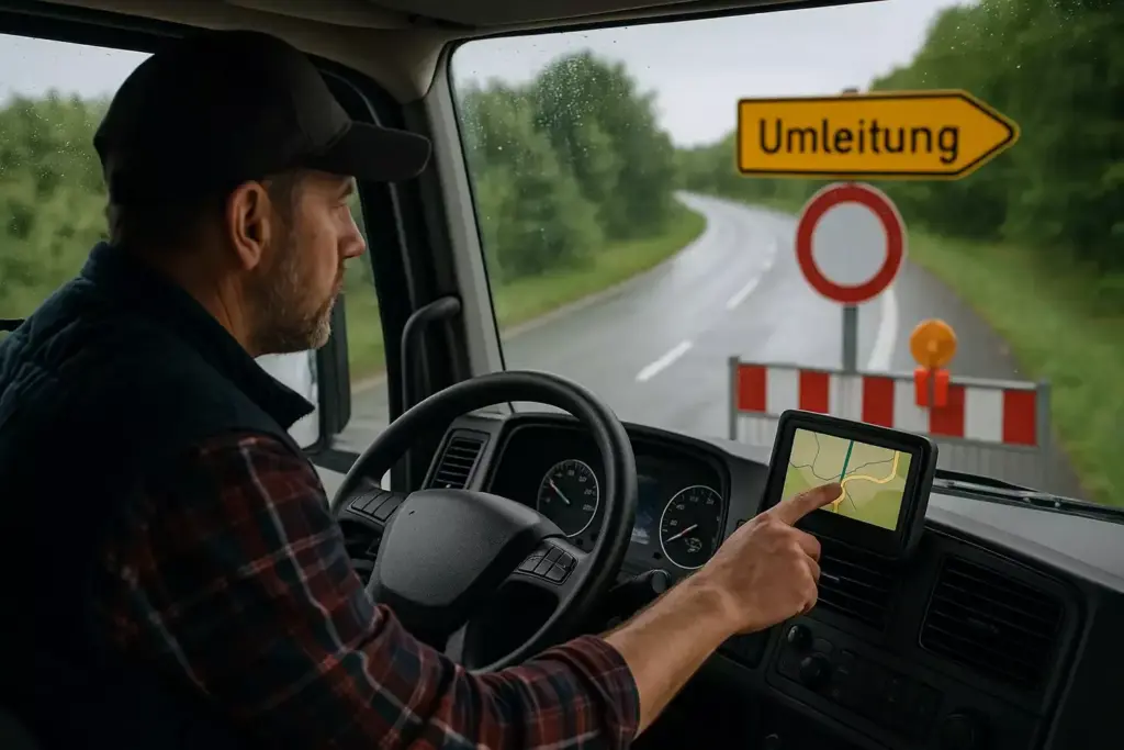 LKW-Fahrer mit veralteter Navigation, der vor einer Umleitung steht