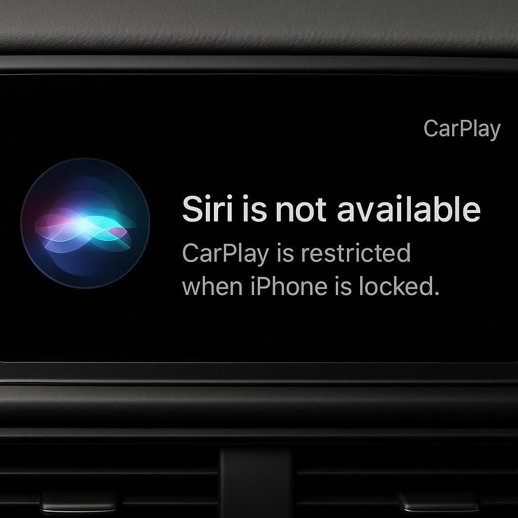 Siri-Symbol auf CarPlay-Display mit Fehlermeldung